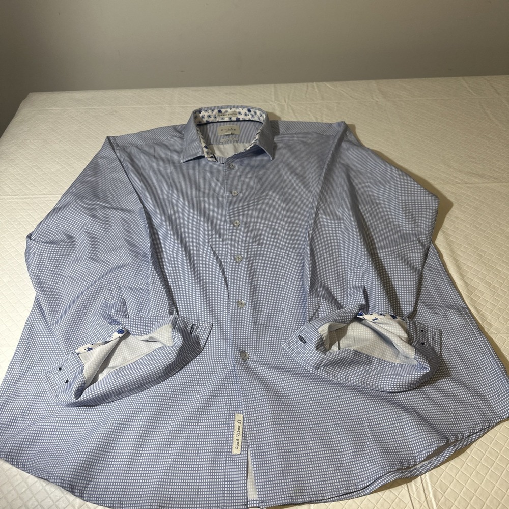C-LAB‎ NYC Dress Shirt MenXXL Blue Check 18 1/2 35-36 Fit 4-Way Stretch Modern
